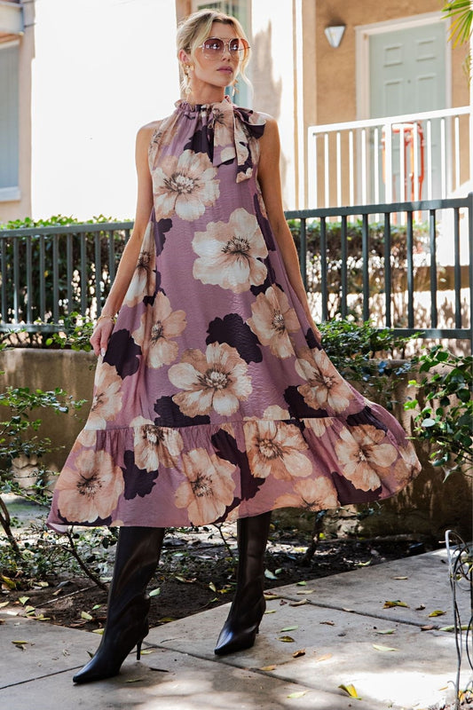 Floral Midi Dress Ruffle Neck Tie Without Sleeves