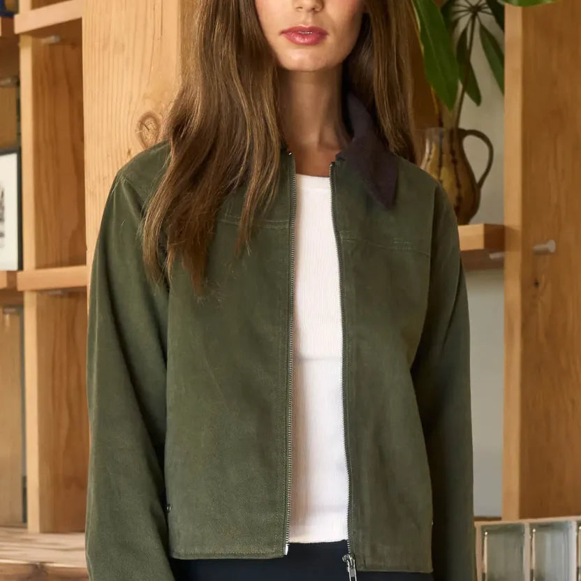 Contrast Corduroy Zip-Up Jacket