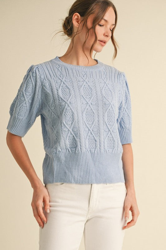 Cable Puffed Sleeves Knit Top