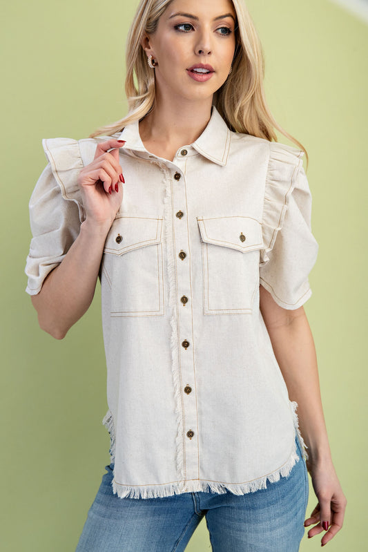 Ruffled Gathered Sleeve Button Up Top