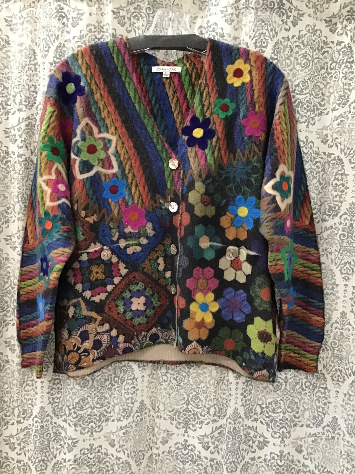 Knit Mix Print V-Neck Button Front L/S Cardigan