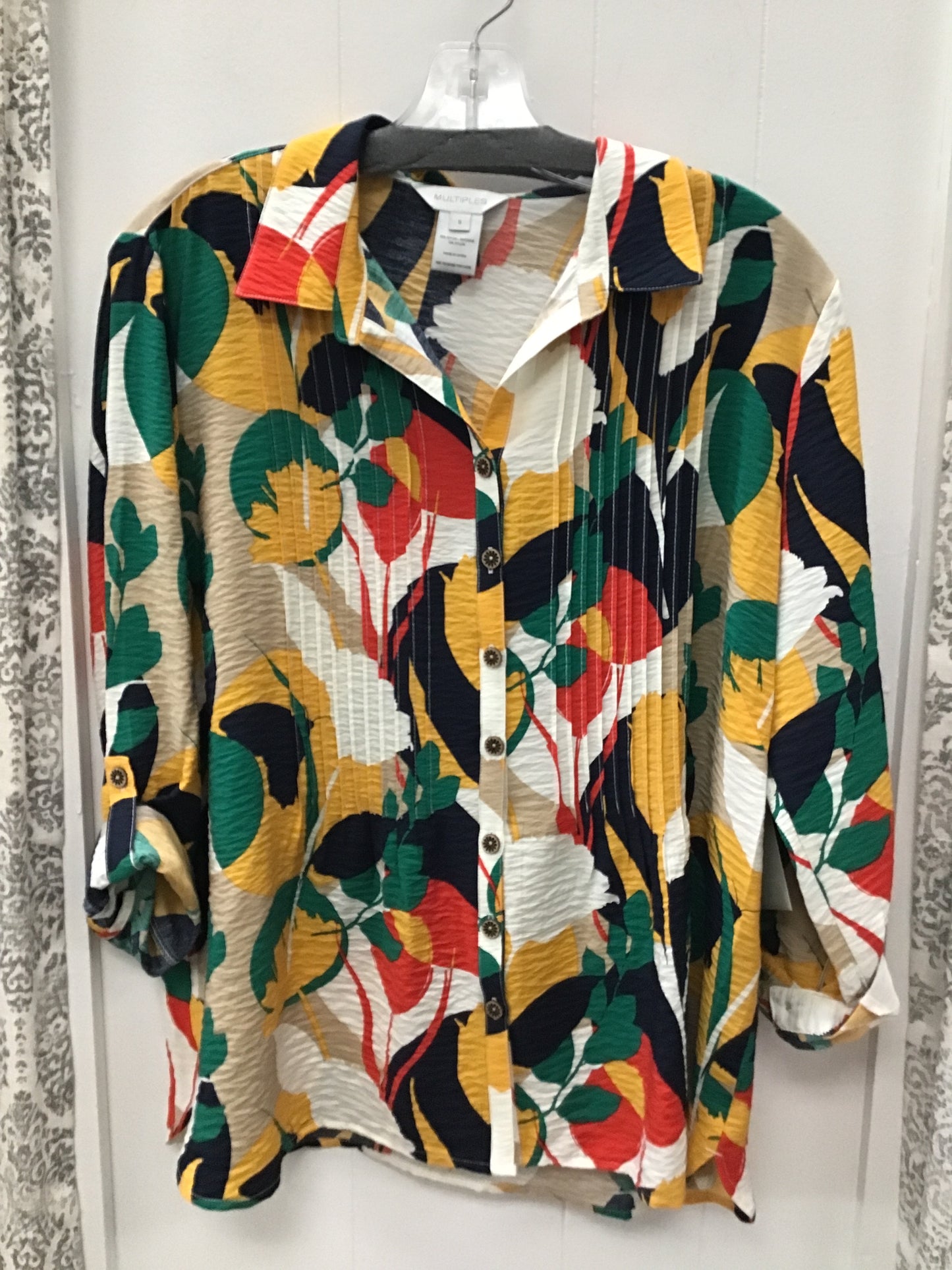 Cinched Tab Cuffed 3/4 Sleeve Multi Button Front Woven Top