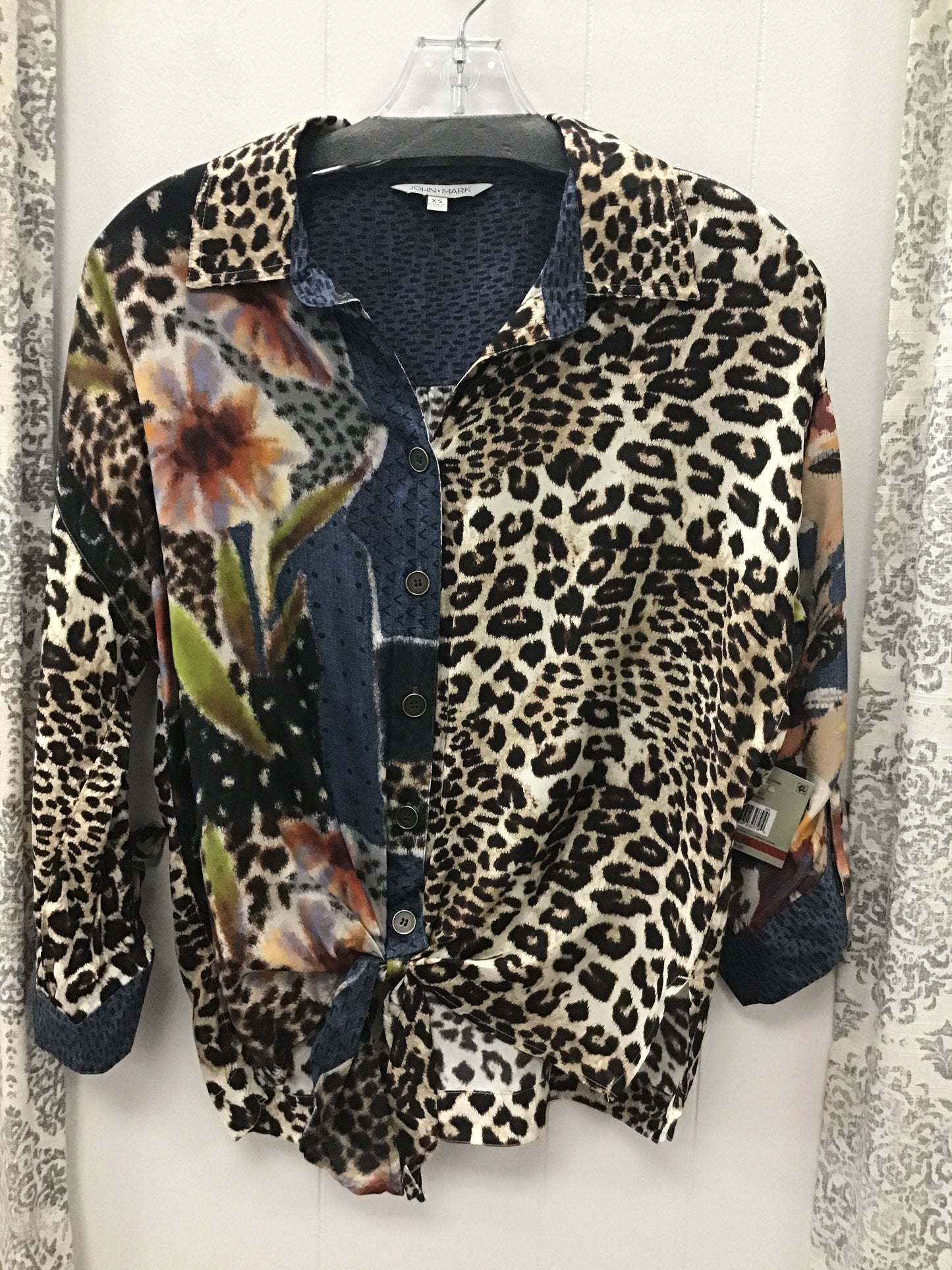 Mix Print Button Down Tie Front With 3/4 Cinch Tie Sleeves