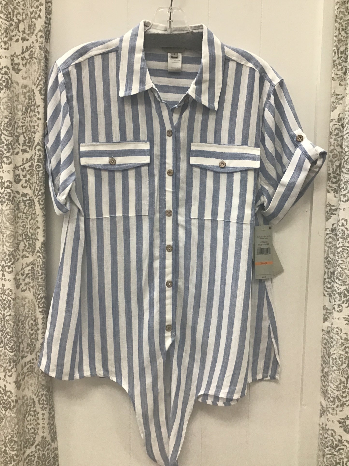 Tab Short Sleeve Drop Tie Waist Button Front Shirt