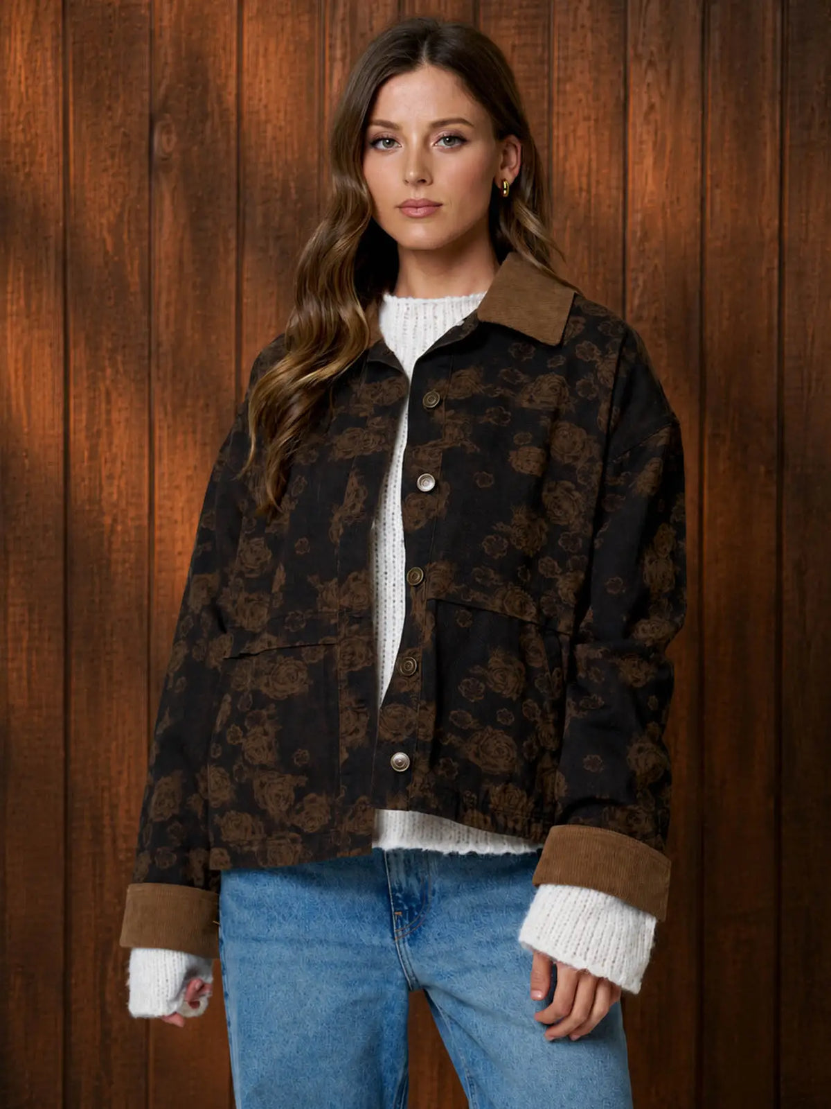 Floral Denim Jacquard Corduroy Collar Jacket