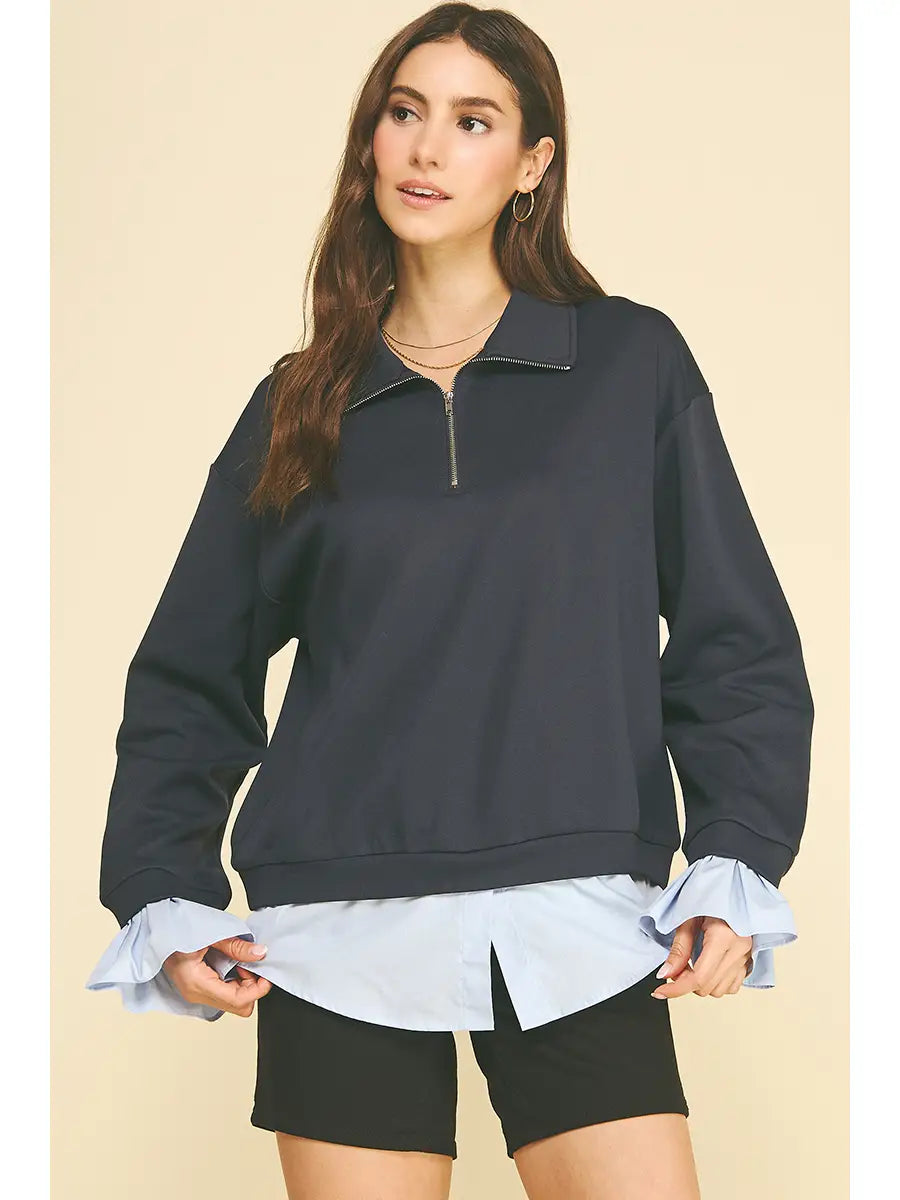 Layered Poplin Quarter Zip Sweatshirt