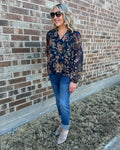 Navy Long Sleeve Floral Top