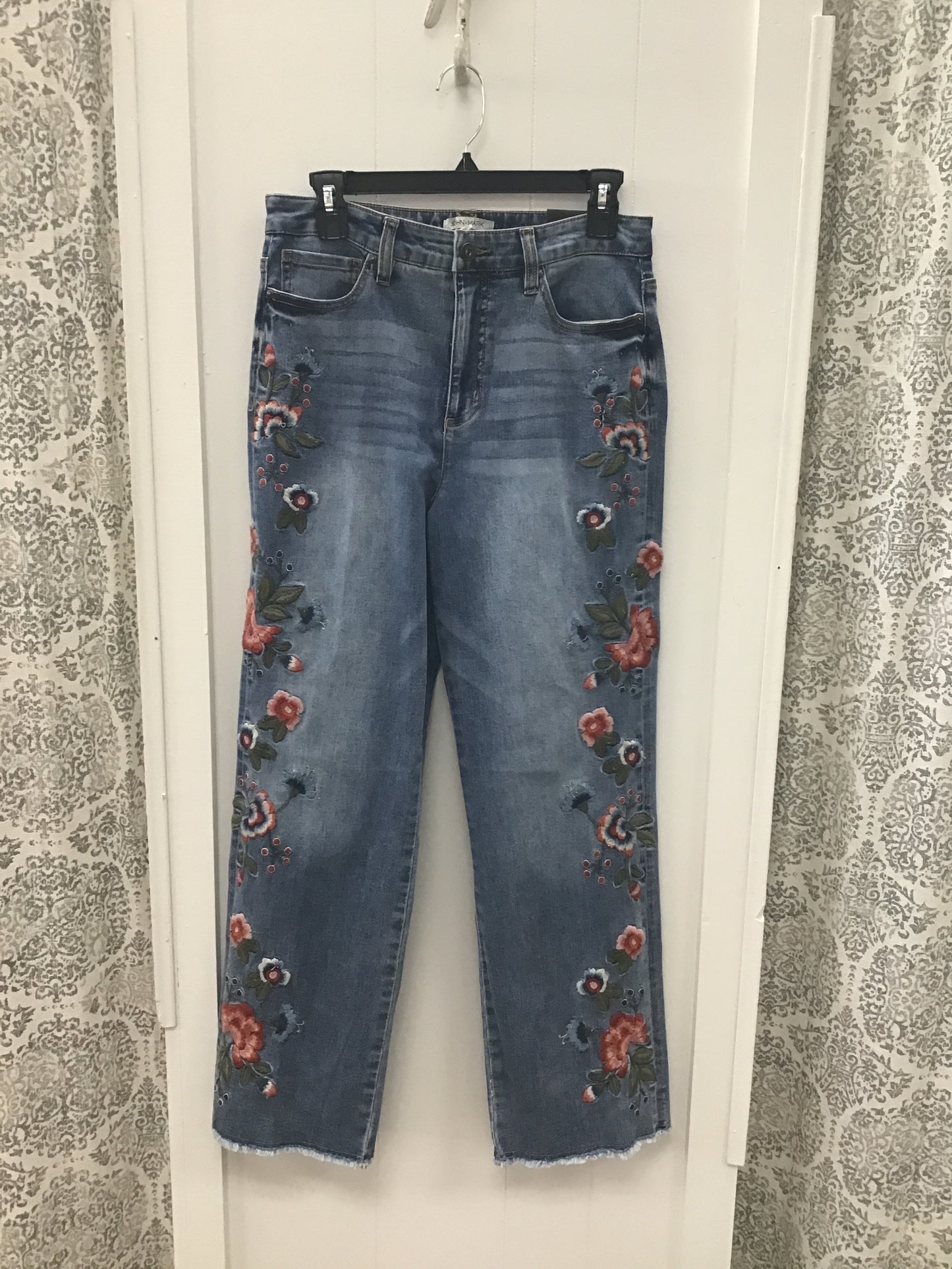 Woven Denim Button Zip Front 5 Pocket Jean W Embroidery