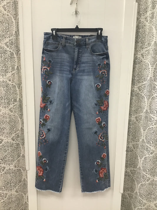 Woven Denim Button Zip Front 5 Pocket Jean W Embroidery