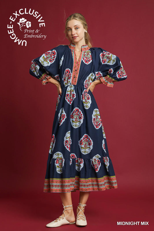 Flower Patch Border Print V-Neck Midi Dress