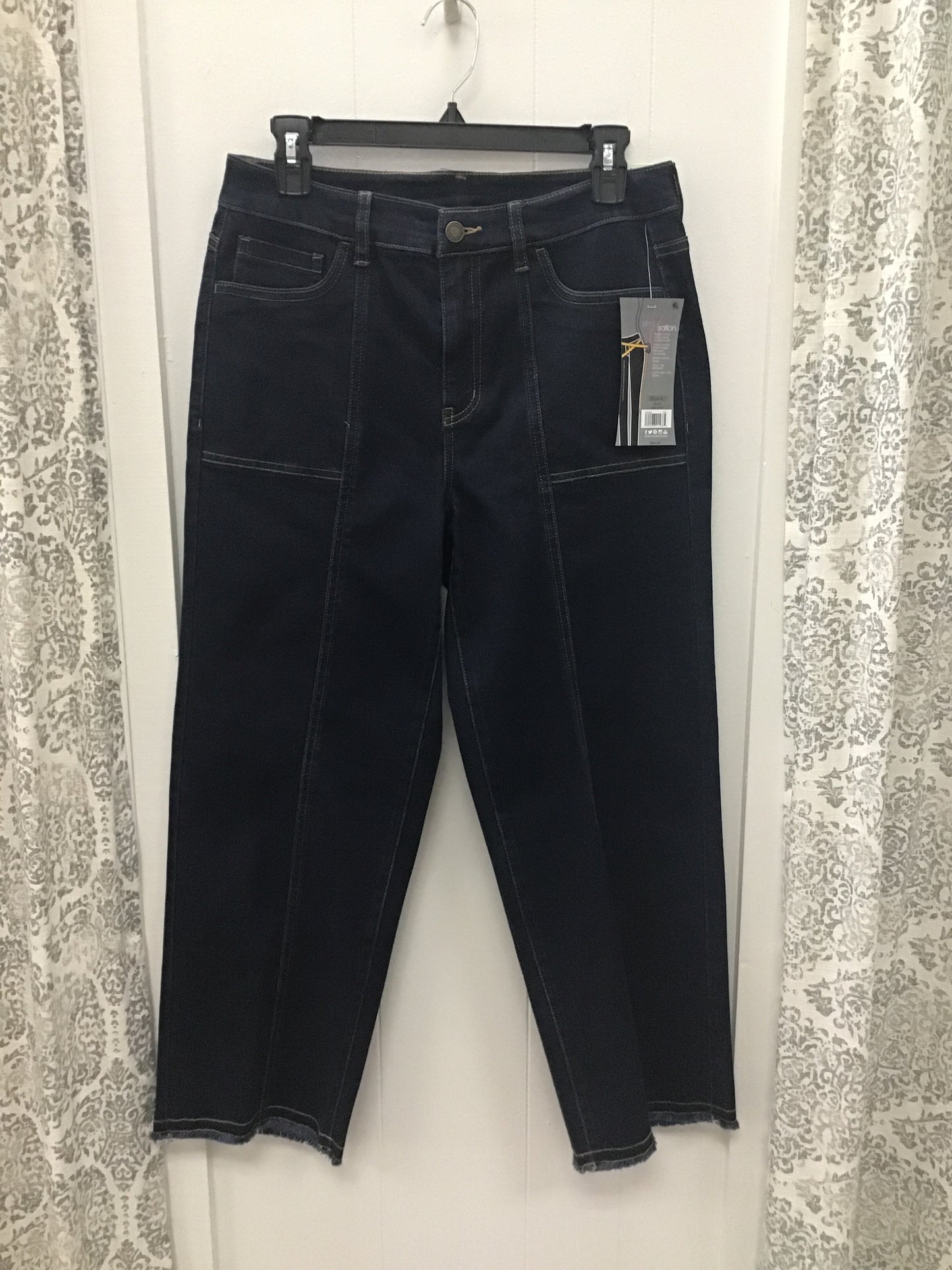 Zip And Button Front Seamed Woven Crop Jean With Fringe Hem