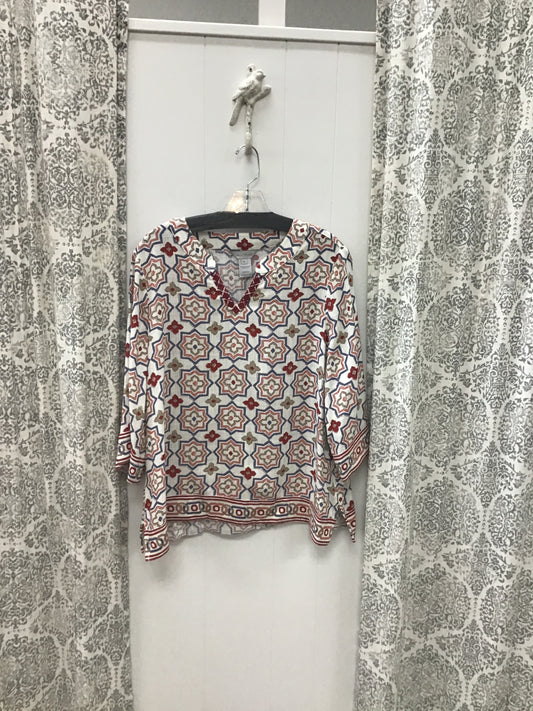 3/4 Flare Sleeve Notch Neck Woven Top With Embroidrey