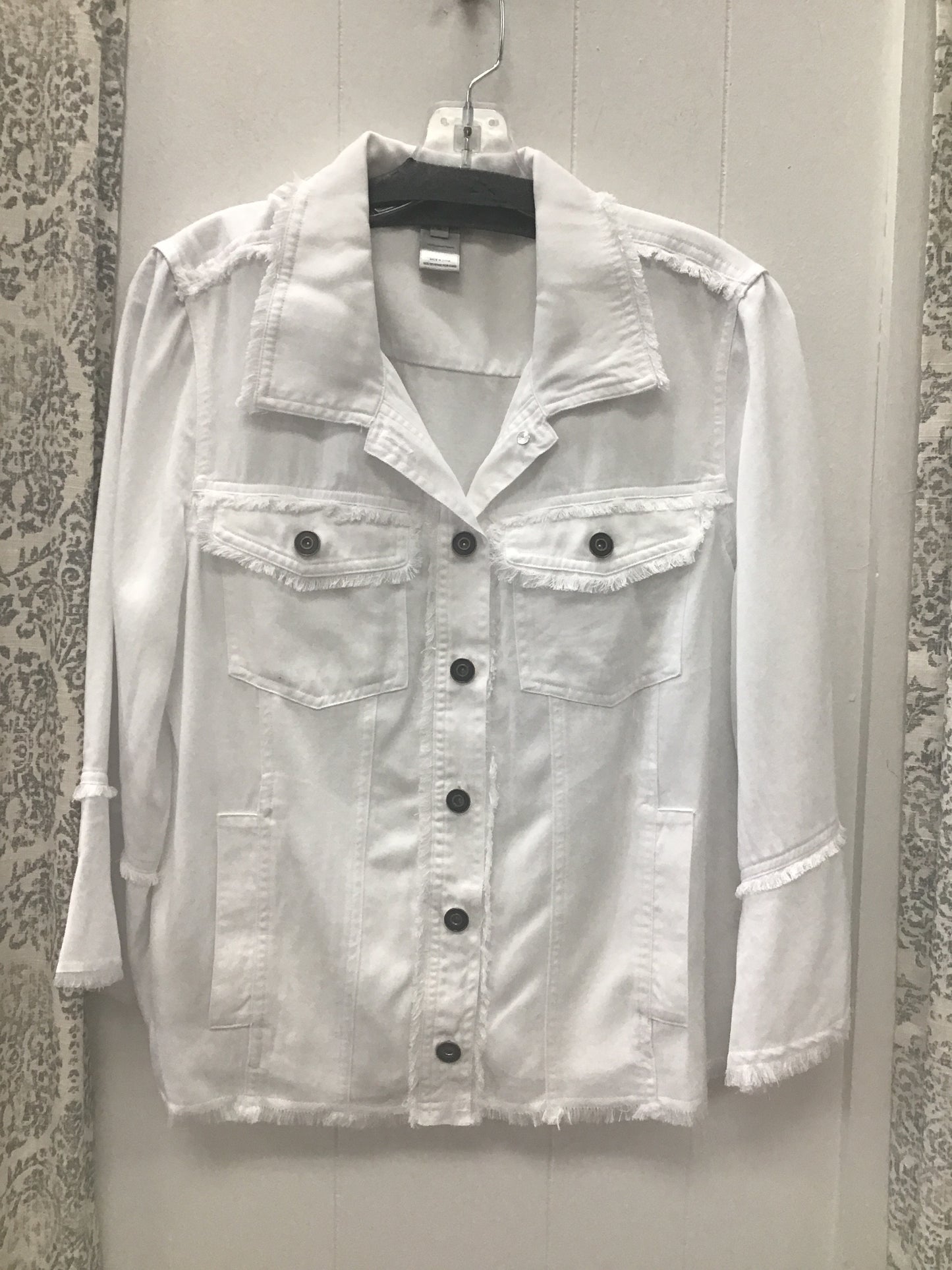 3/4 Flounce Sleeve Button Front Fringe Trim Jacket