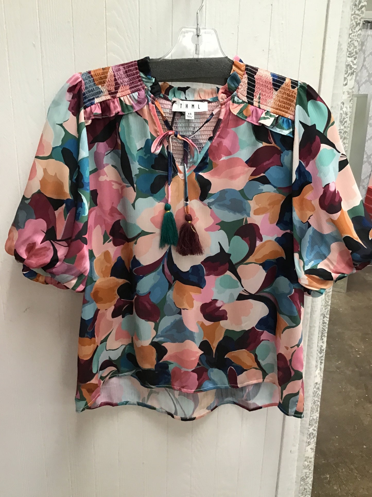 THML Pink Puff Sleeve Print Top