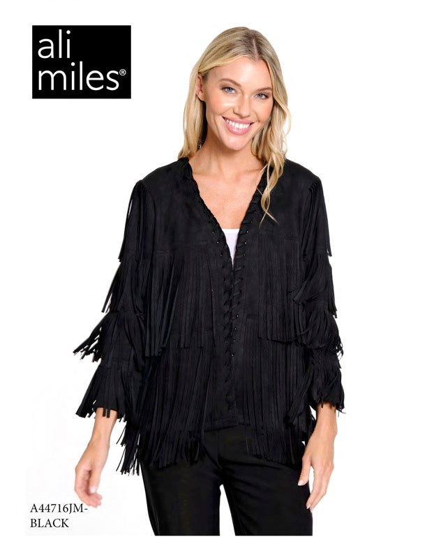 Faux Knit Suede Fringe Long Sleeve Jacket