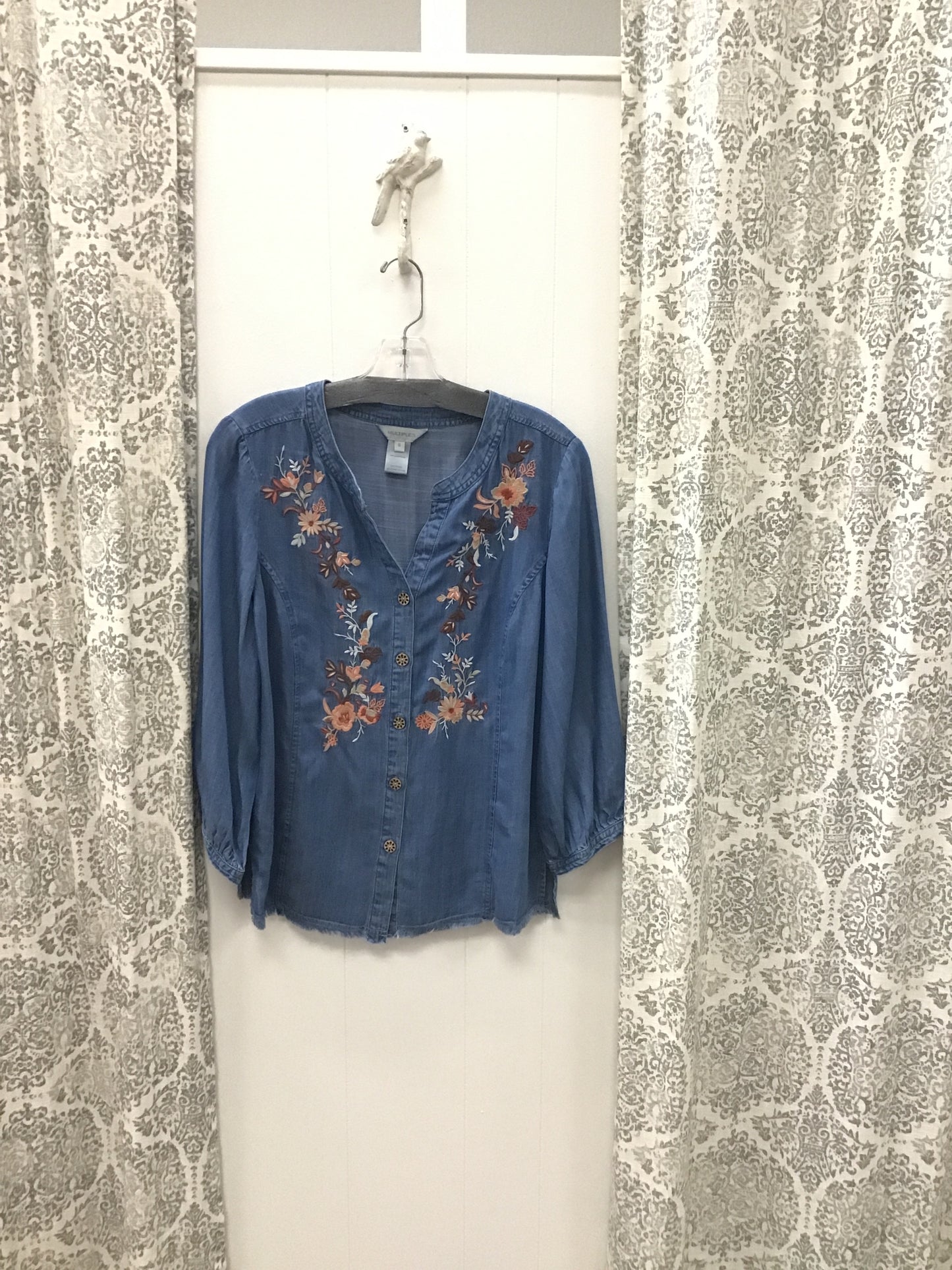 3/4 Sleeve Band Collar Woven Top with Fringe Hem