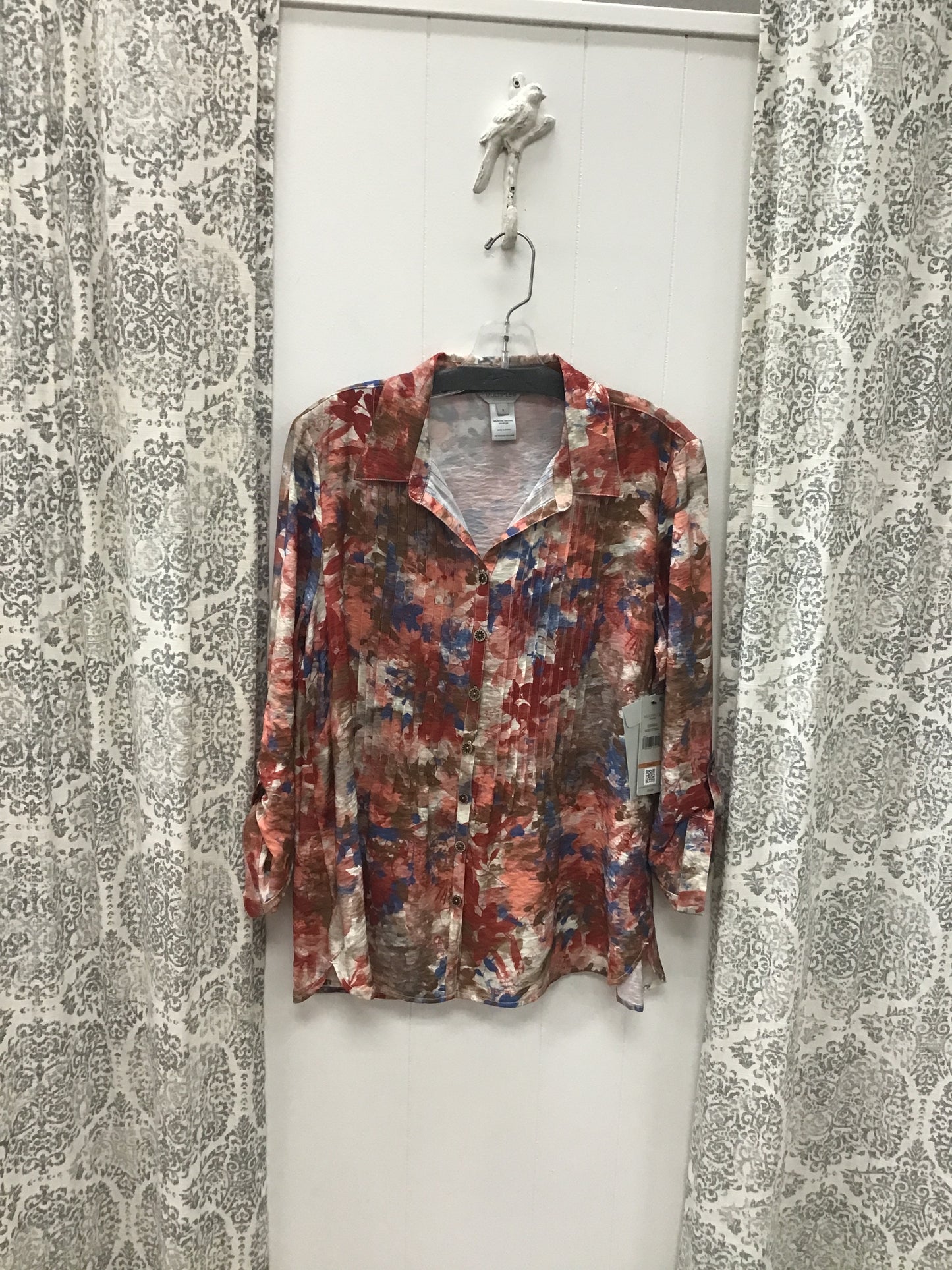 Cinched Tab Cuffed 3/4 Sleeve Multi Button Front Woven Top