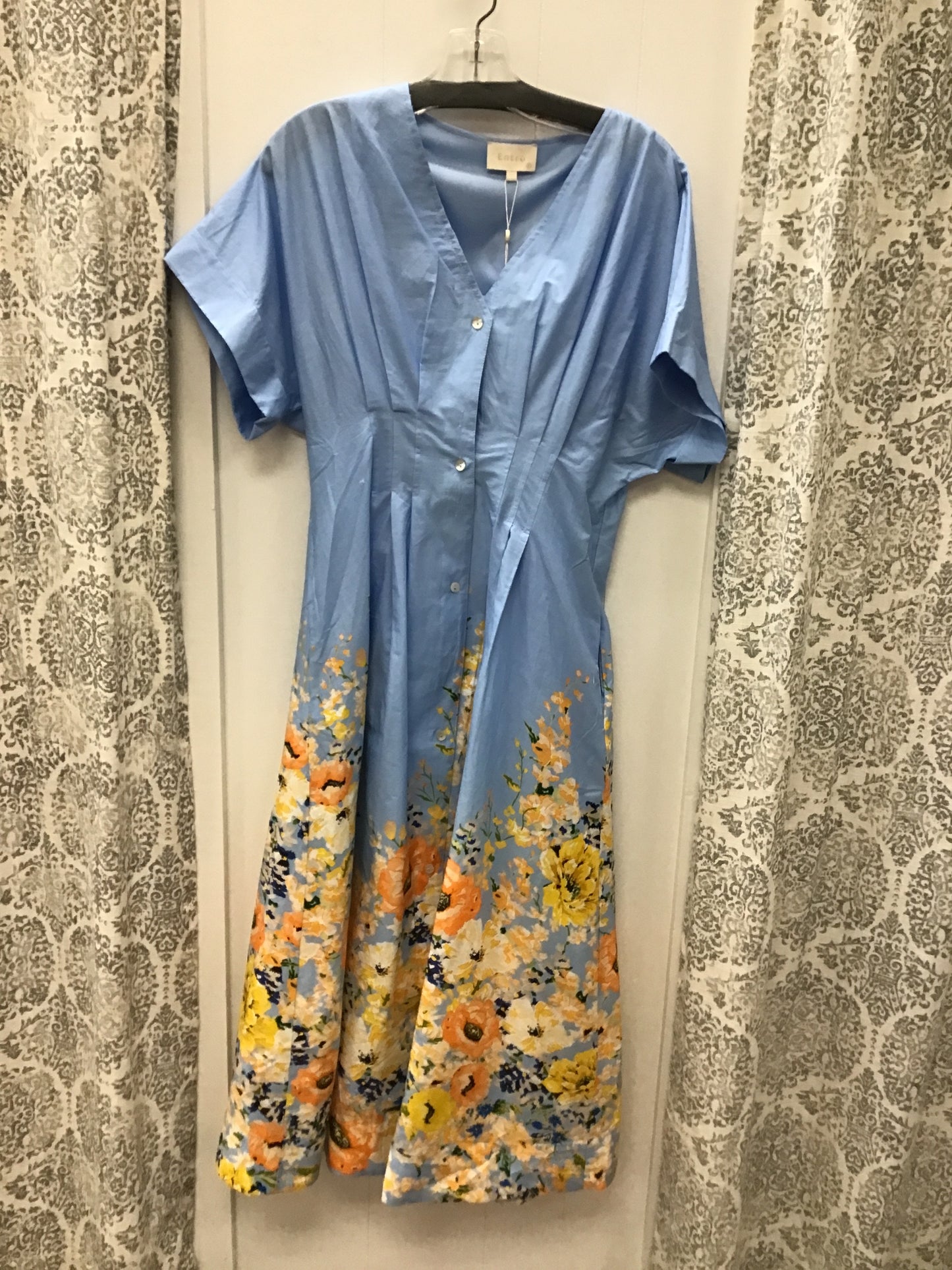 Light Blue Golden Floral Midi Dress