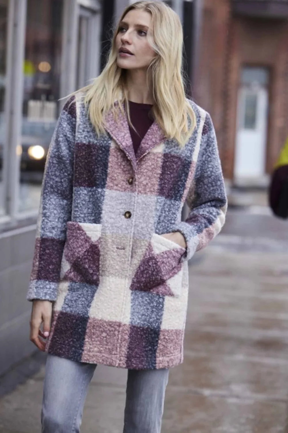 Charlie B Boucle Knit Plaid Coat