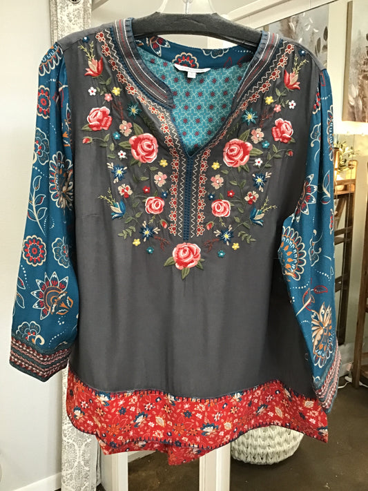 John Mark Spice Market Multicolored Embroidered V-Neck Top