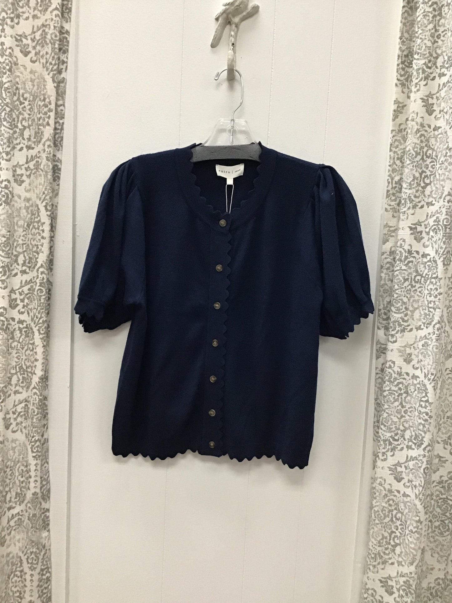 Navy Short Sleeve Scalloped Trim Top