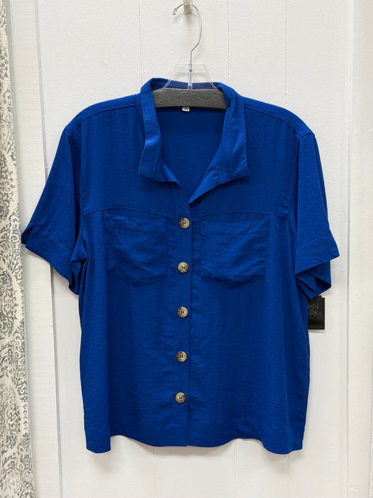 Solid Button Front Blouse With Front Pockets, Short Sleeve and Wire Collar