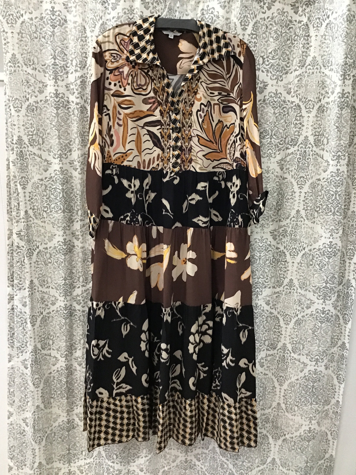 Woven Mix Print Collared Button Front Cinch Tiered Dress