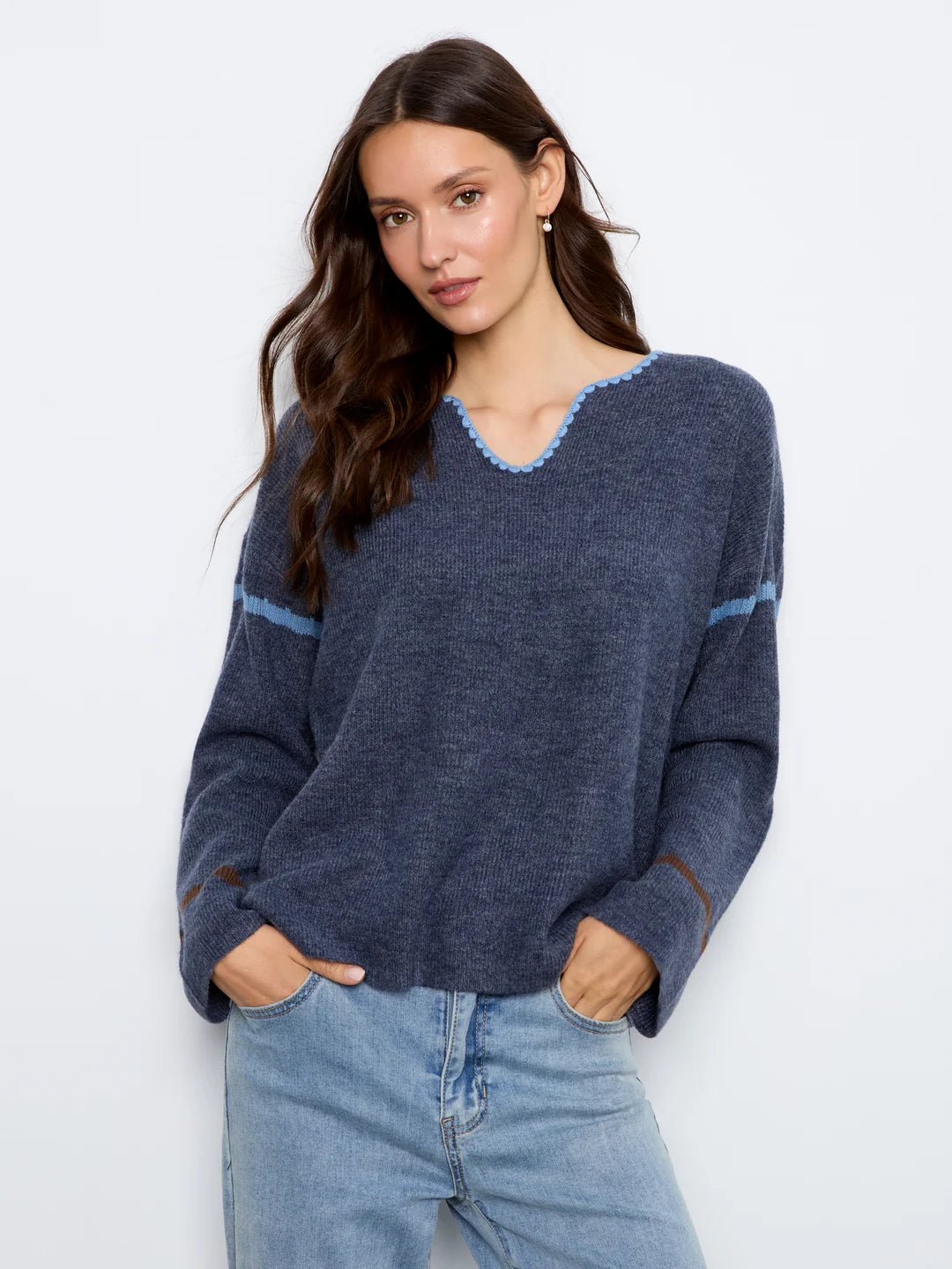 Embroidered Ribbed Sweater with Notch Neck