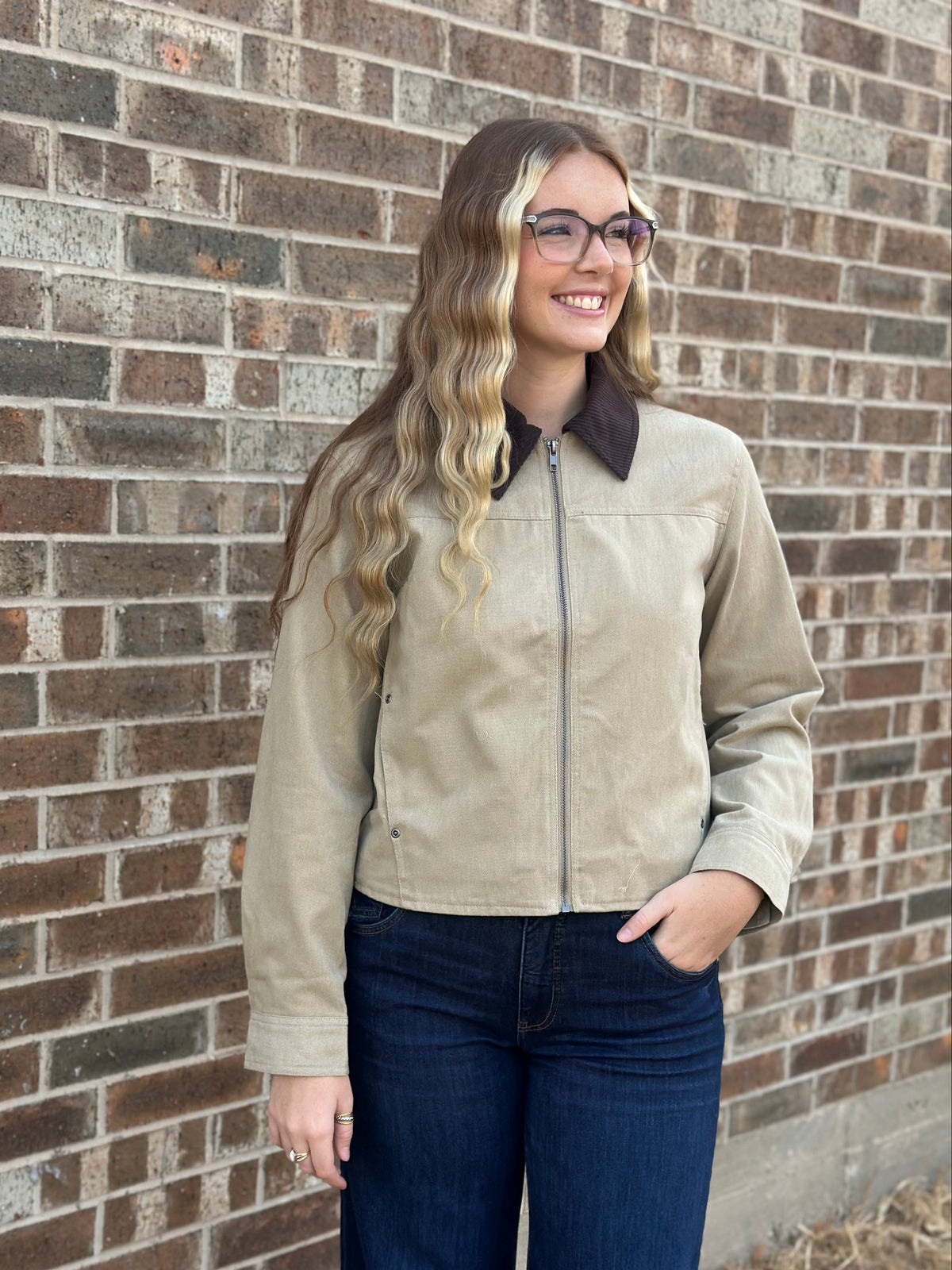 Contrast Corduroy Zip-Up Jacket