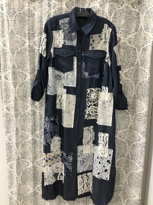 Woven Mix Patchwork Collared Button Down Roll Tab Sleeve Dress