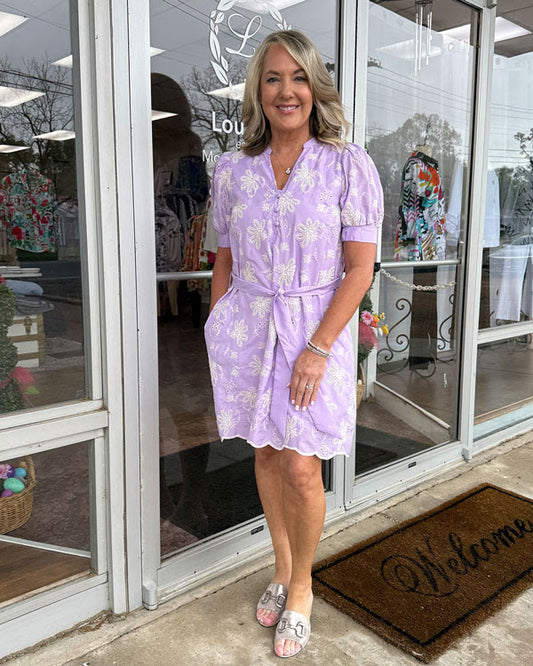 Floral Eyelet Split V-Neck Dress