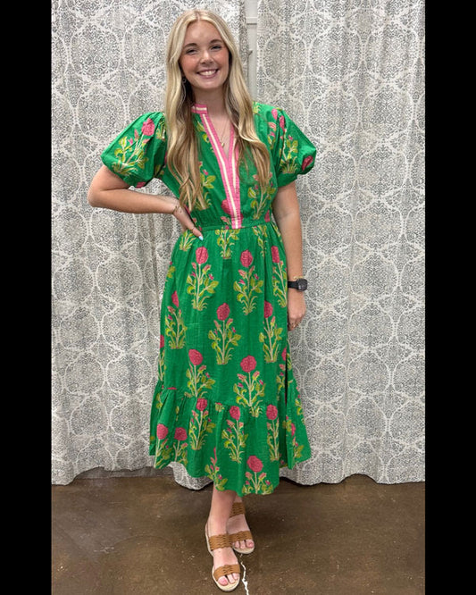 Puff Sleeve Flower Print Maxi Dress