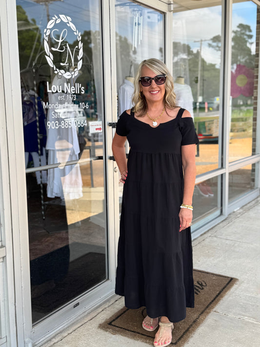 Black Cap Sleeve Maxi Dress