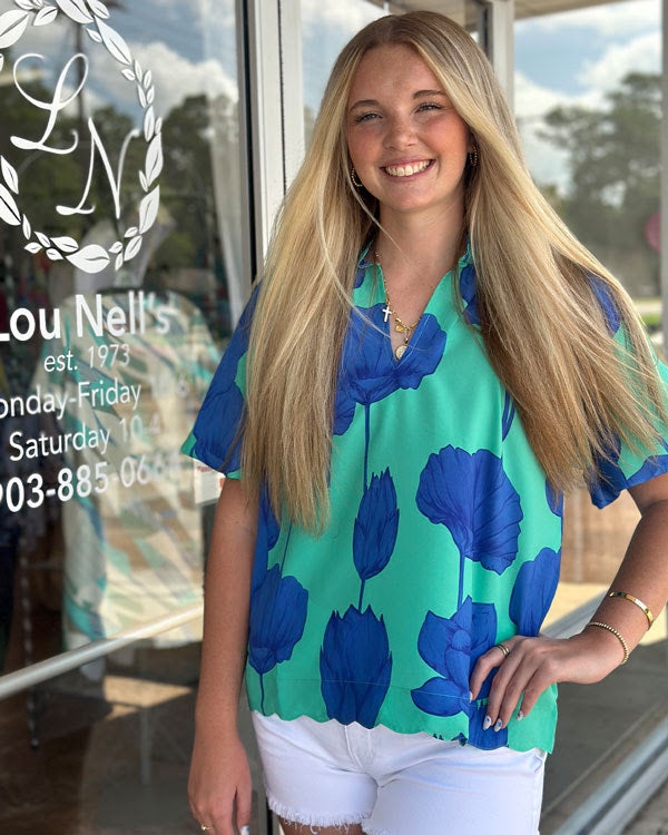 Bubble Sleeve Scalloped Edge Top