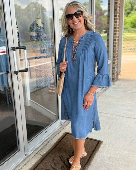 3/4 Sleeve Multi-Tuck Dress