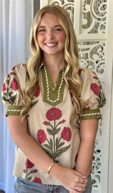 Floral Print Bubble Sleeve Top
