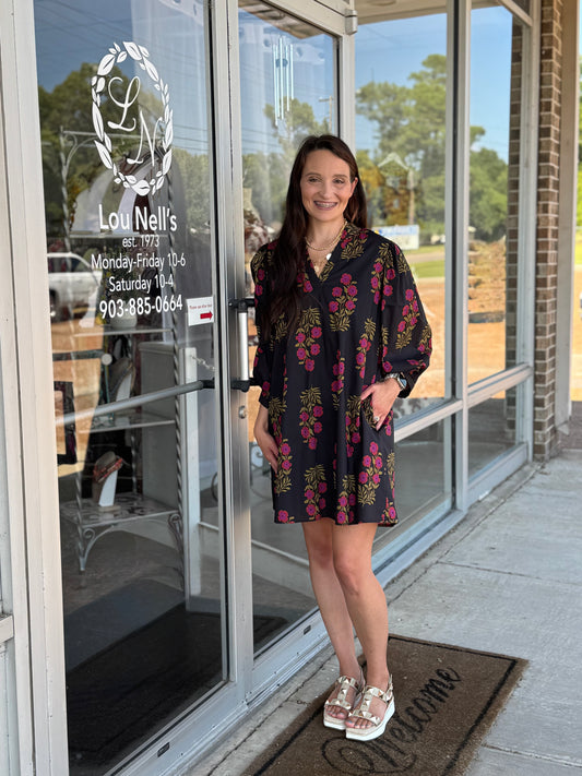 Floral Pattern V-Neck Mini Dress
