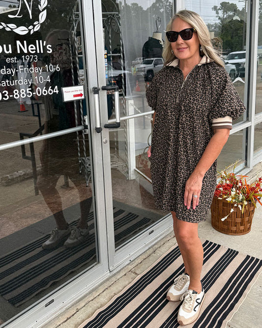 Leopard Print 3/4 Zip-Up Dress