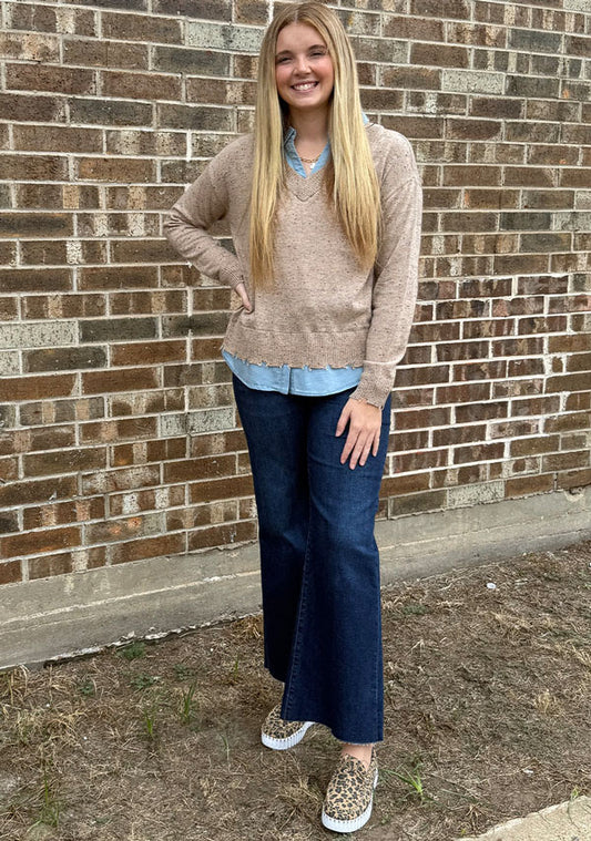 V-Neck Fooler Sweater With Shirt Collar
