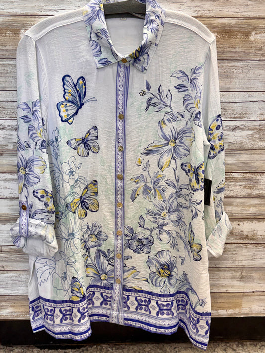 Button Front Blouse with Embroidery