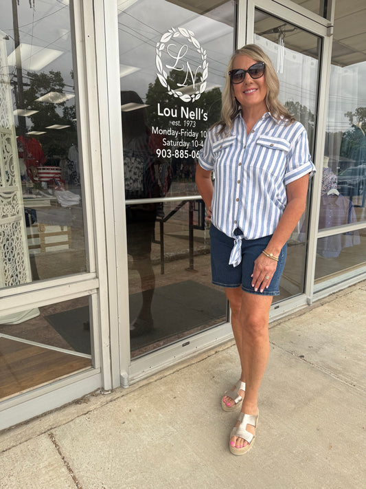 Tab Short Sleeve Drop Tie Waist Button Front Shirt