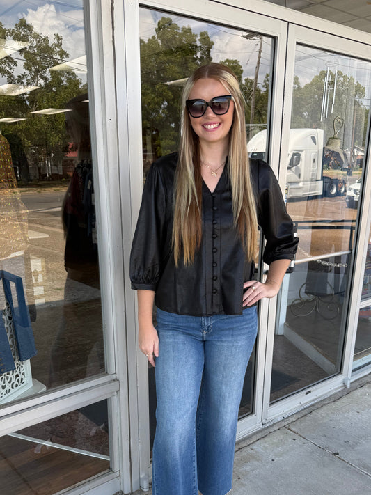Button Down Faux Leather Top