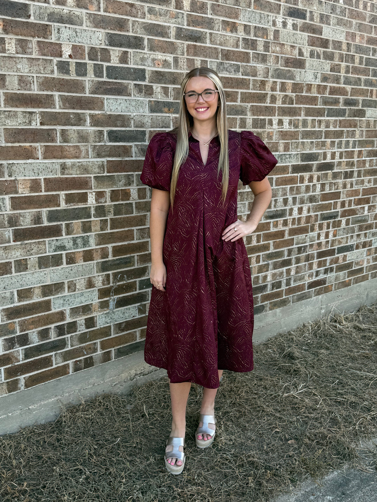 Puff Sleeve Lurex Midi Dress