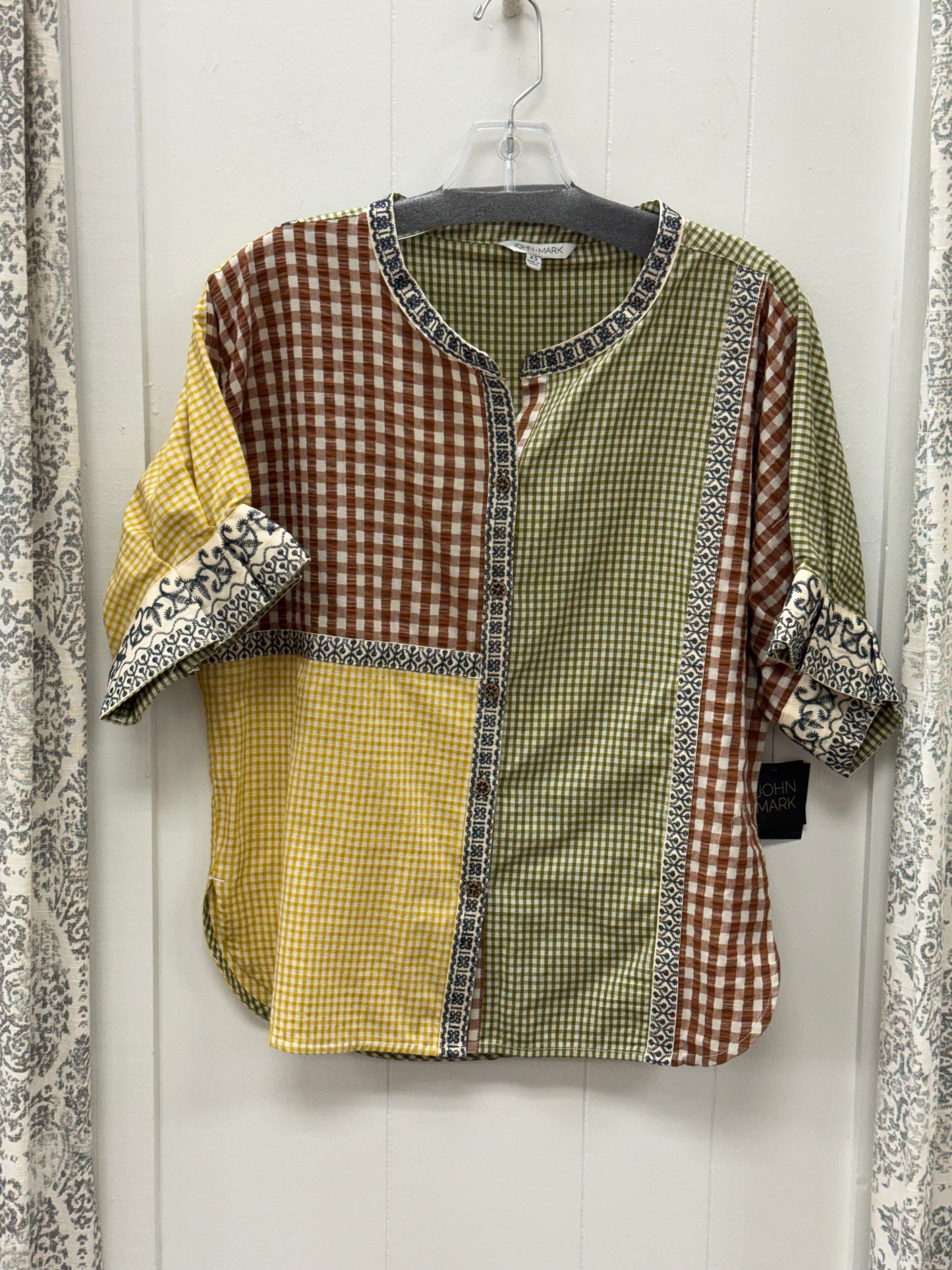 Woven Mix Short Sleeve Button Down With Embroidery