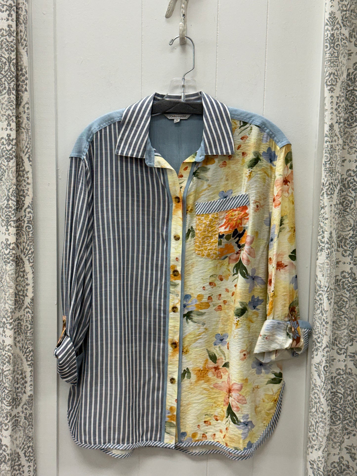 Woven Mix Print Long-Sleeve Roll Tab Button Down Blouse