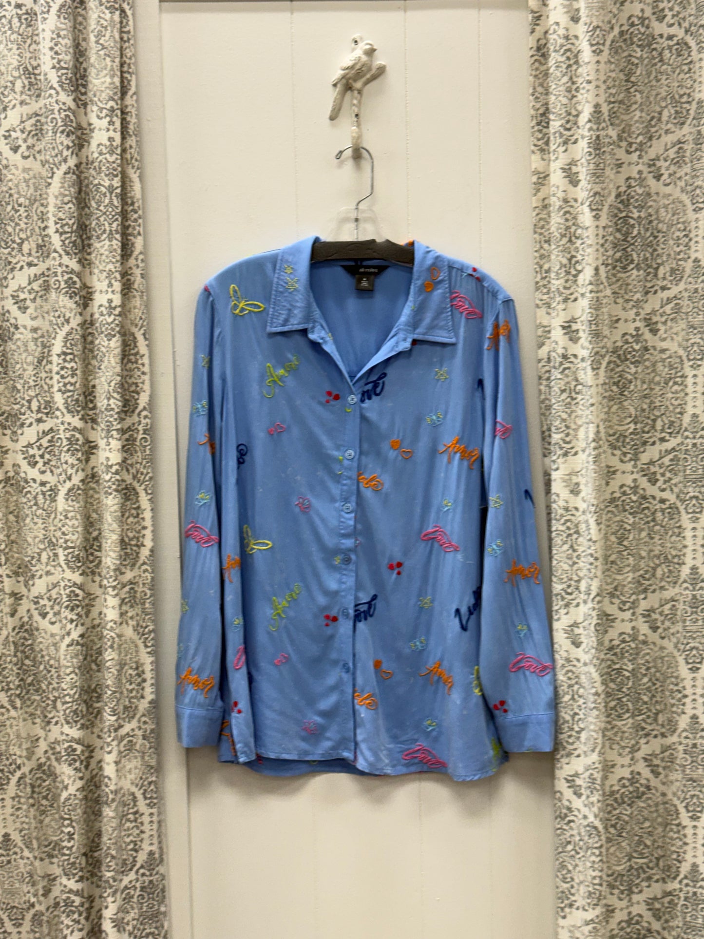 Woven All Over Embroidery Button Front Point Collar Top