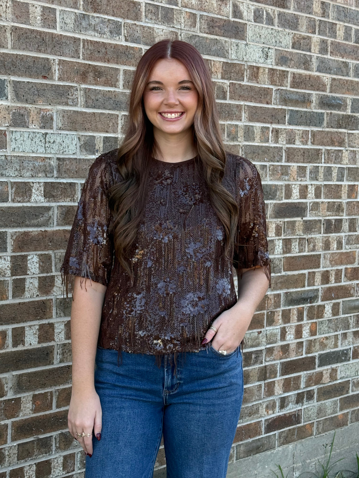 Metallic Sequins Round Neck Top