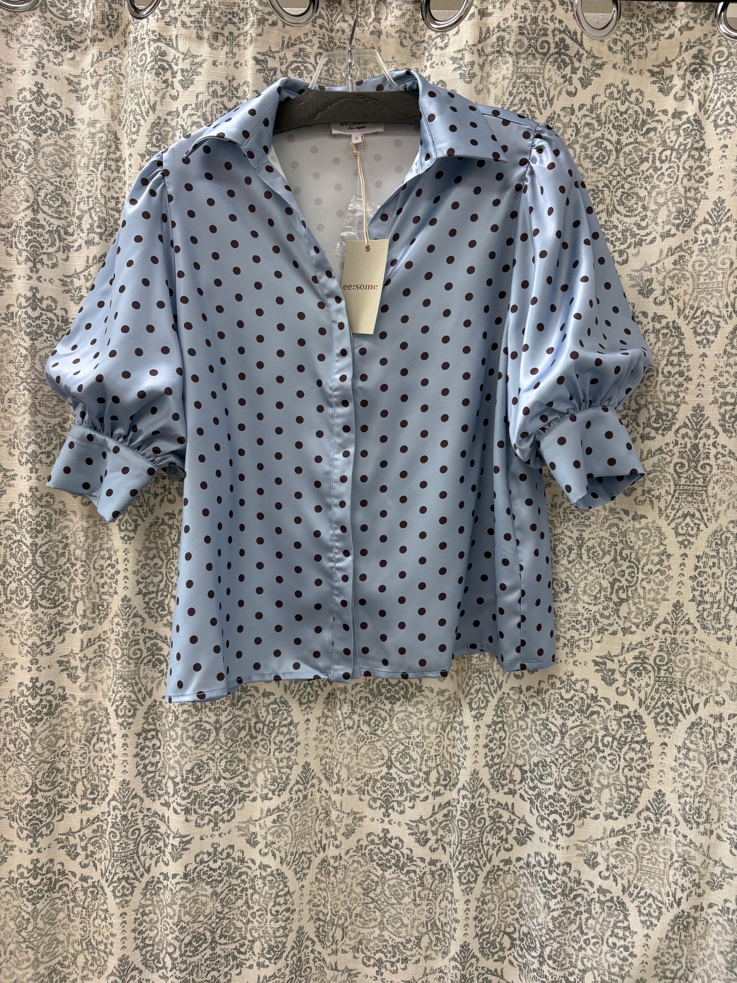 Polka Dot Satin Puff Sleeve Blouse