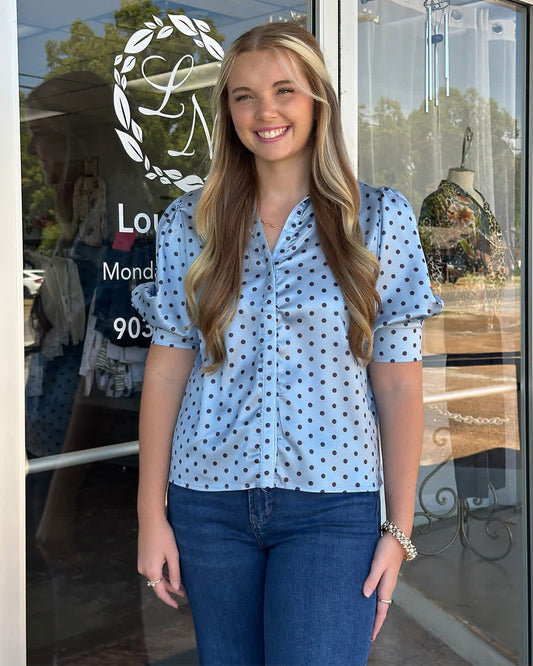 Polka Dot Satin Puff Sleeve Blouse