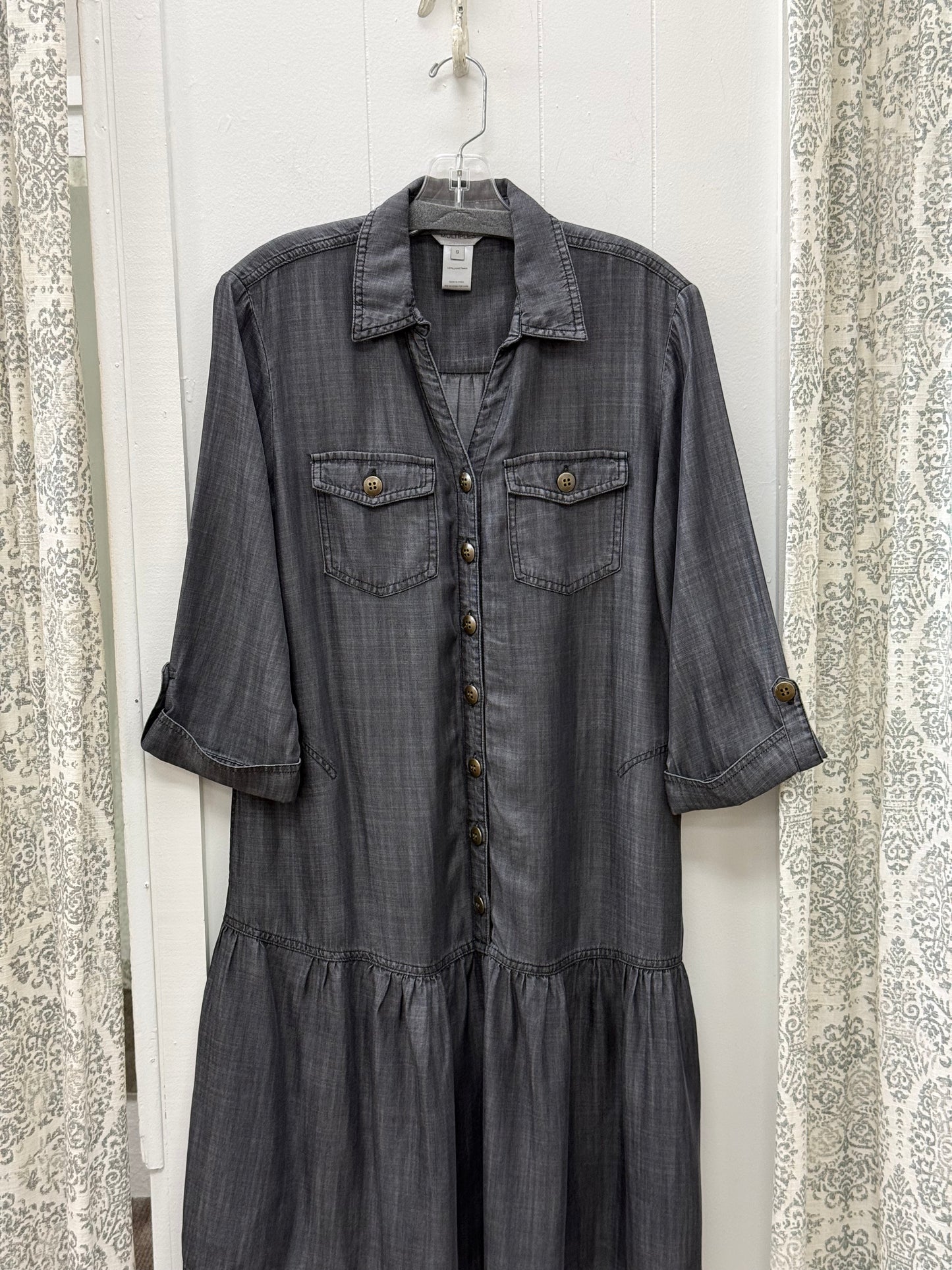 Tab 3/4 Slv Drop Shoulder 4 Pocket button Front Flounce Dress